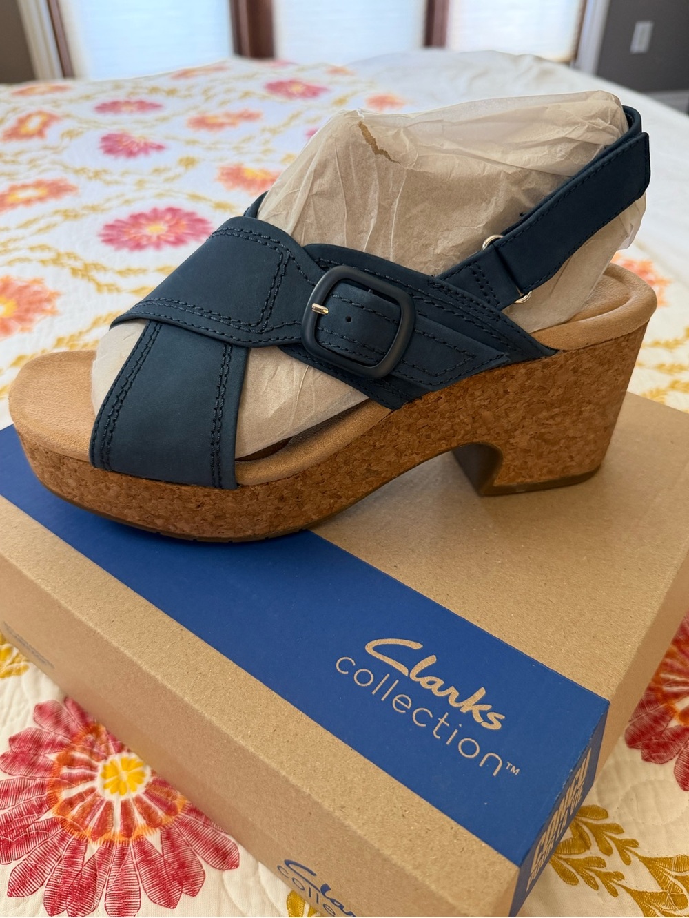 Clarks Navy Nerisa Pace Leather Cork Platform Wedge Sandals